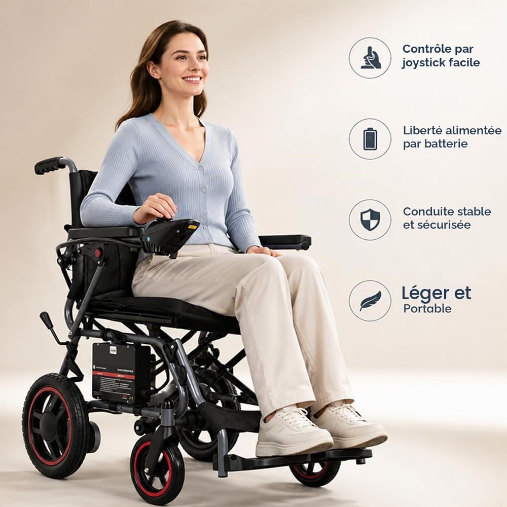 19kg Fauteuil roulant électrique pliable pour adultes, autonomie de 20 km, Fauteuil Roulant Électrique Tout-Terrain Pour Personnes Âgées, Supporte Jusqu’à 150Kg, Noir