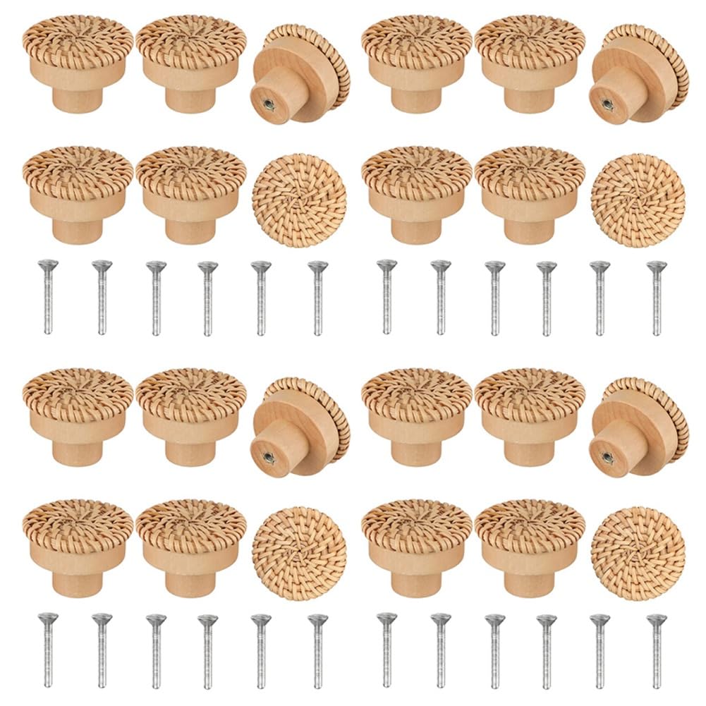 Jnchdghwa As Shown Boho Rattan Dresser Knobs Round Wooden Drawer Knobs Handmade Wicker Woven And Screws For Boho Furniture Knobs 24Pcs