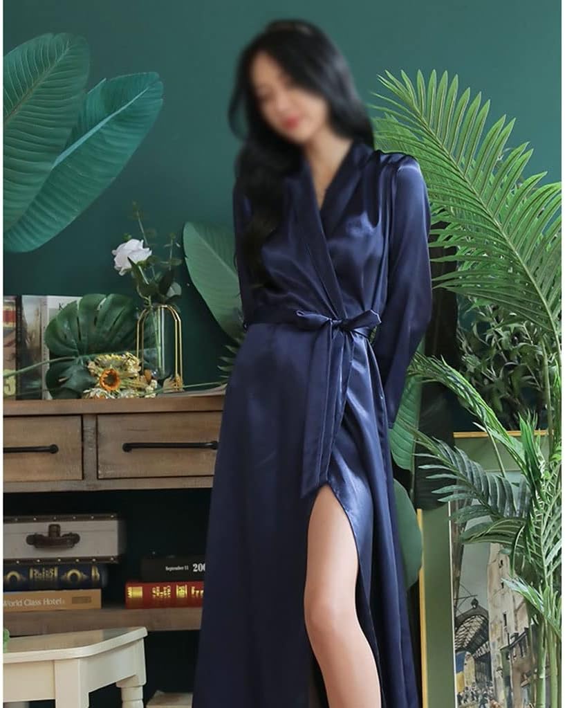 ロングローブガウン 女性用 フルスリーブ バスローブ サテン ナイトウェア カジュアル スリープウェア ゆったり ホームドレス (D