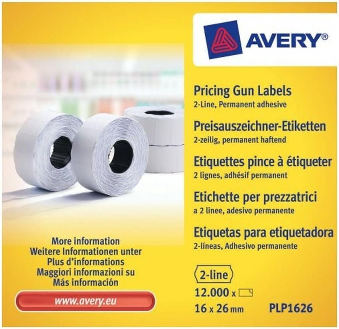 Avery PLP1626 Permanent Label Roll for PL2/18 2 Line Pricing Gun - White, (26 x 12 mm, 1200 Labels Per Roll)