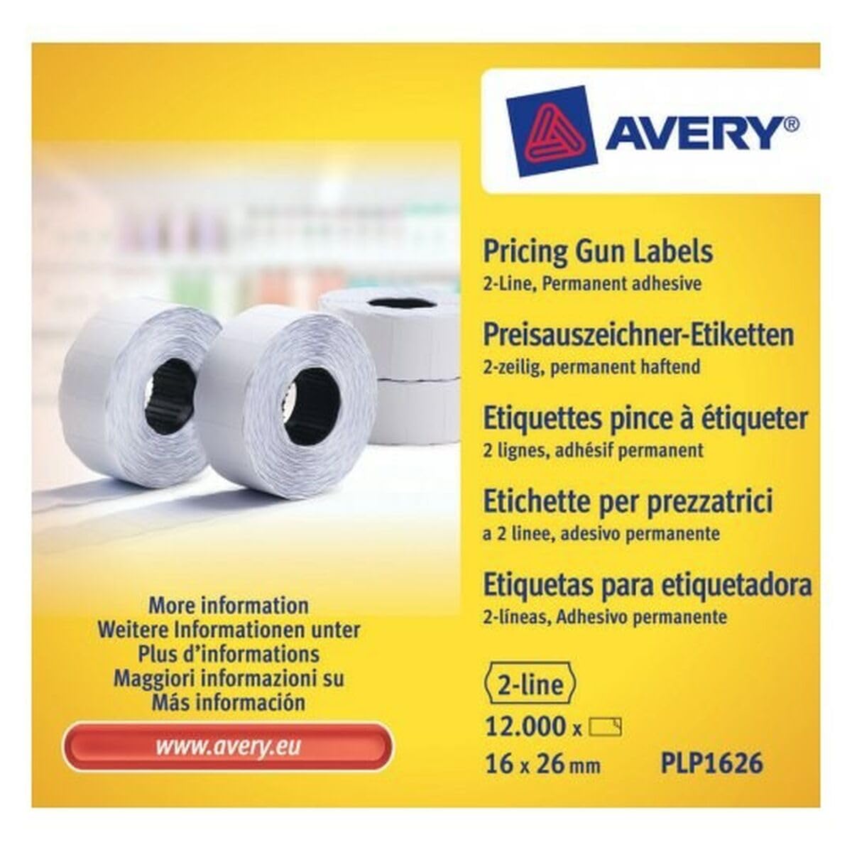 AVERY - Boite de 10 rouleaux de 1200 étiquettes autocollantes pour étiqueteuse 2 lignes (total de 12000 étiquettes). Format 26 x 16 mm. Adhésif permanent.