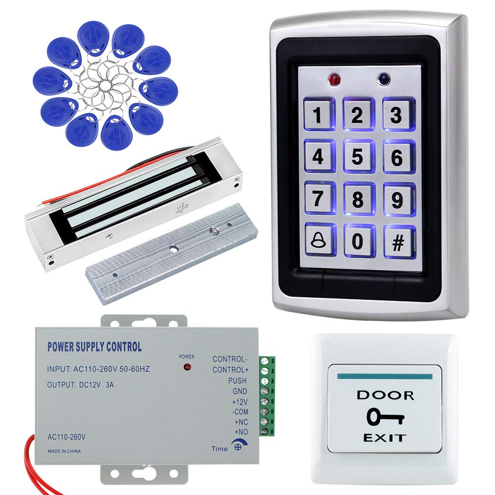 Obo Hands White Full Home Access Control System Kit Set Metal Controller 1000 Users Keypad +Dc 12V 180Kg Magnetic Lock+12V 3A Power Supply+ Door Exit Button + 10Pcs Rfid Blue 125Khz Keyfobs