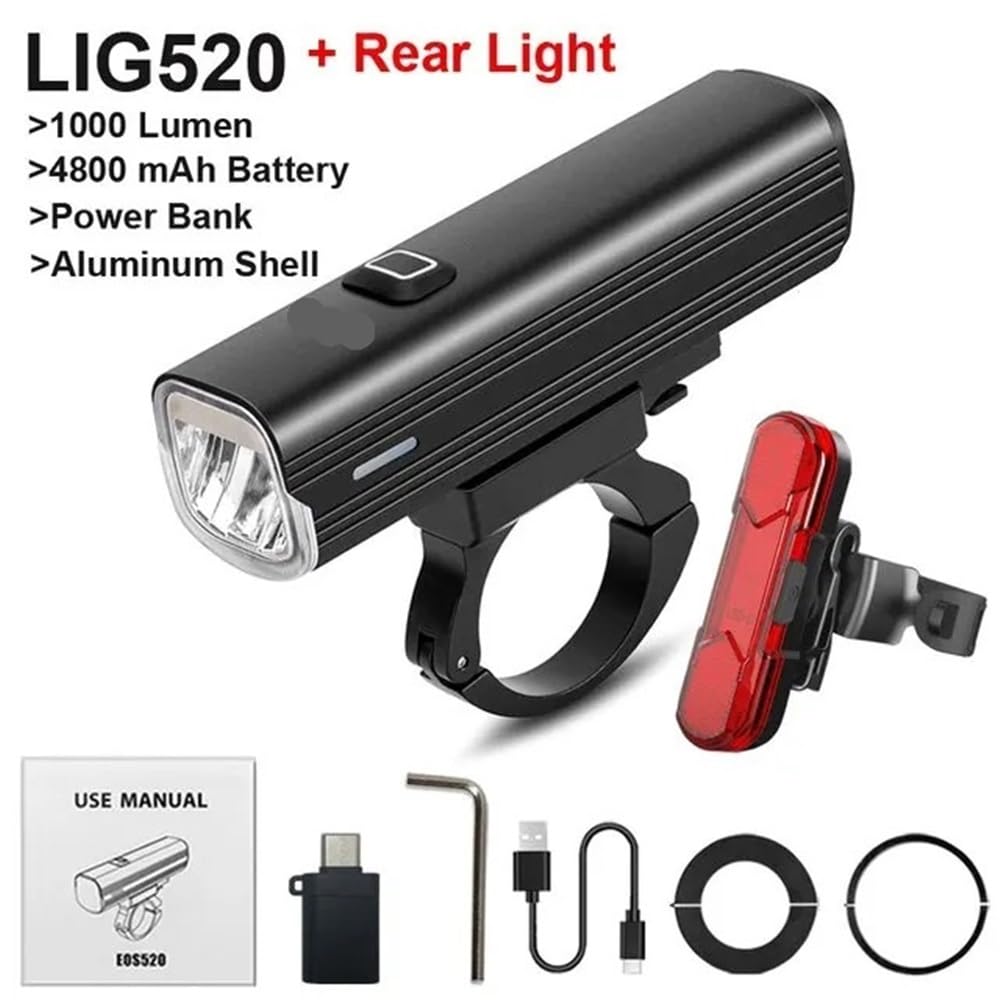 Torcia elettrica da 1000 lumen for bicicletta USB Set di luci anteriori e posteriori for bici Faro MTB antipioggia Lampada da ciclismo da 4800 mAh(520 set 2)