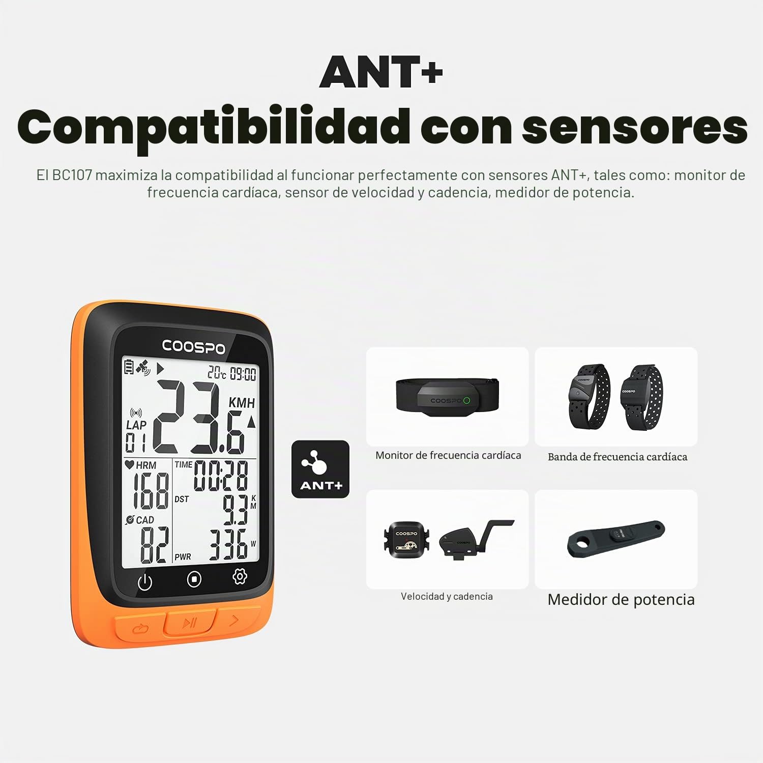 COOSPO BC107 Velocímetro inalámbrico, Alibración automática del Tiempo de adquisición de la señal, Impermeable IP67 | Bluetooth Ant+| 2,4 Pulgadas Retroiluminación Automática Adecuado para Todas Las