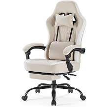 Gaming Computer Chair - High Back with Footrest and Lumbar Support, Height Adjustable Task Chair with Linkage Armrests and Headrest, 360 Swivel Wheels, Khaki