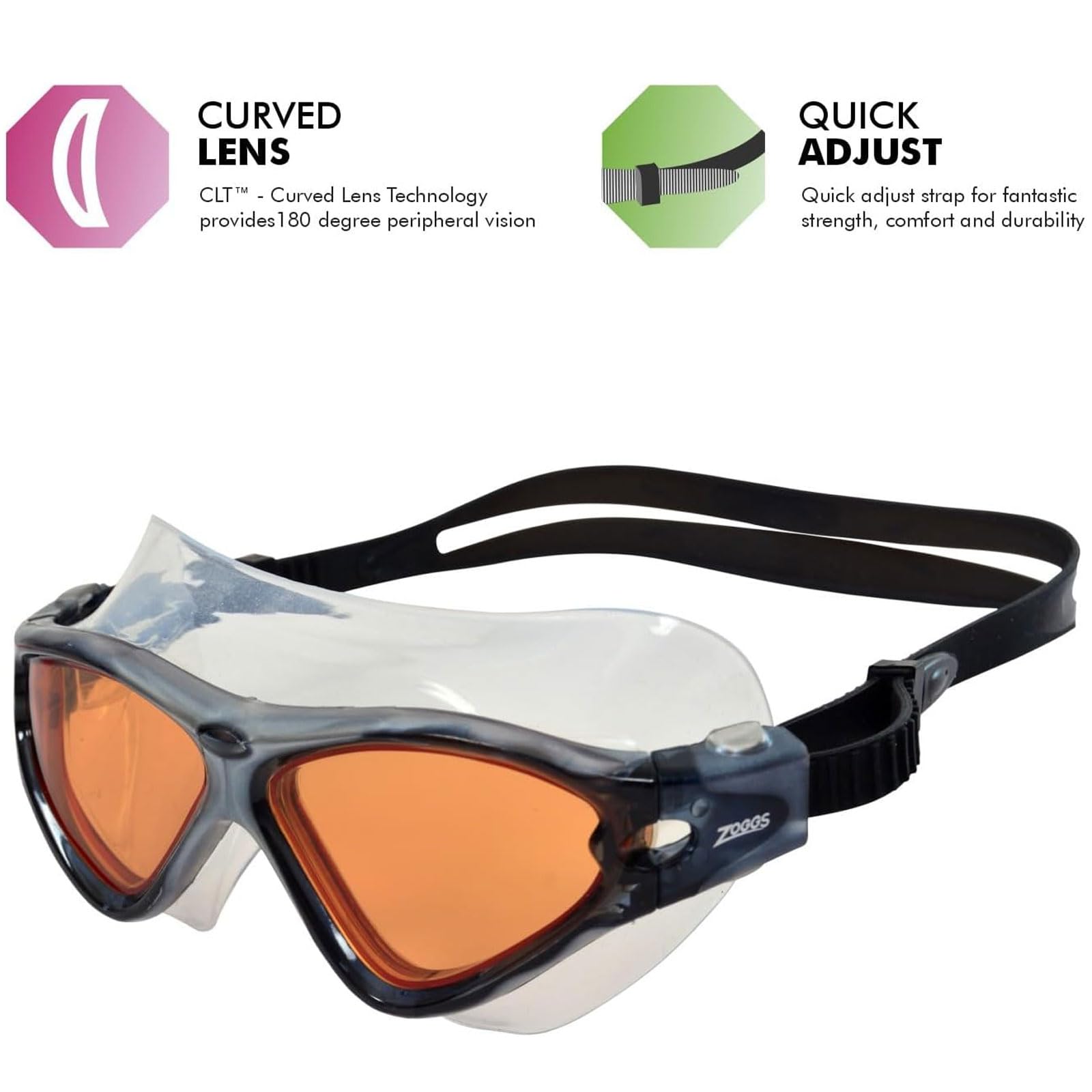 Zoggs Unisex Adult Tri-Vision Mask | Anti-Fog UV Protection Swimming Goggles | Curved Lens Technology & Quick Adjust Strap, Gray/Black