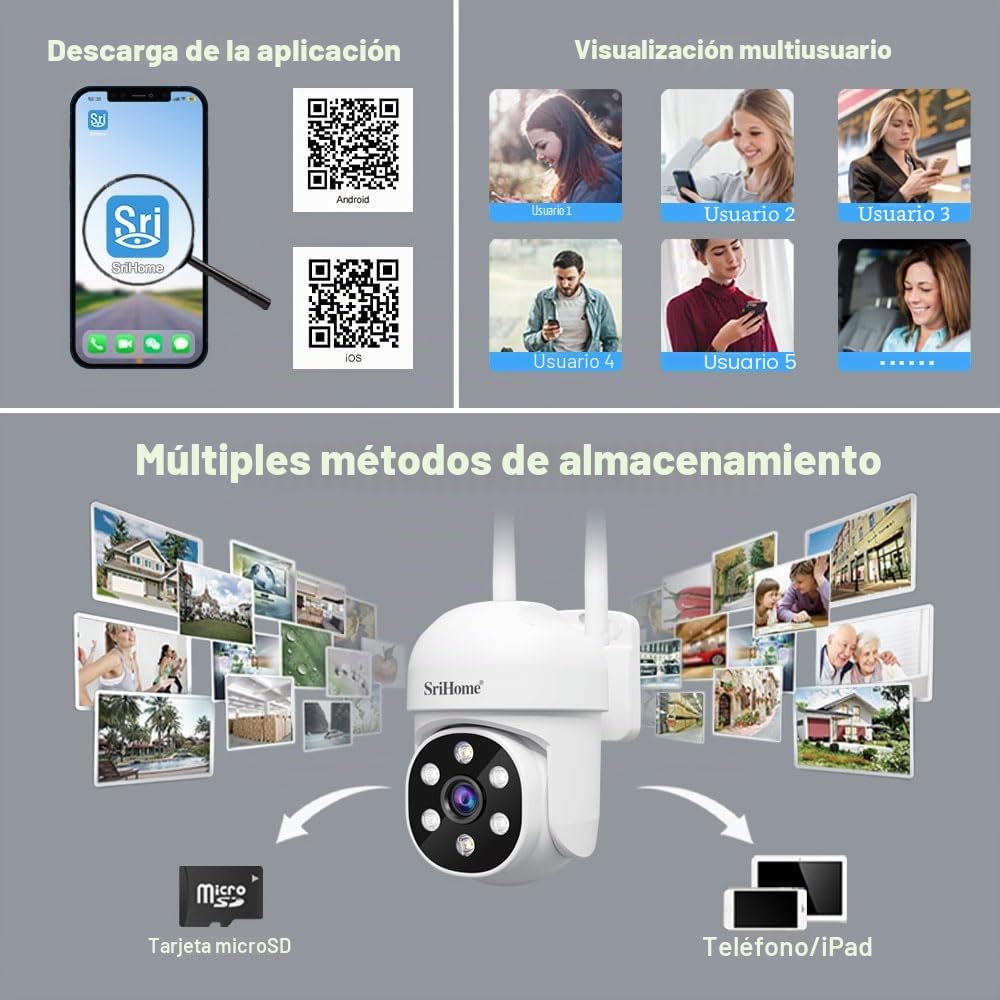 SRIHOME 1080P WiFi Monitoreo PTZ cámara IP detección humanoide y Seguimiento de Movimiento visión Nocturna IP66 Impermeable (2 Paquete de Unidades)