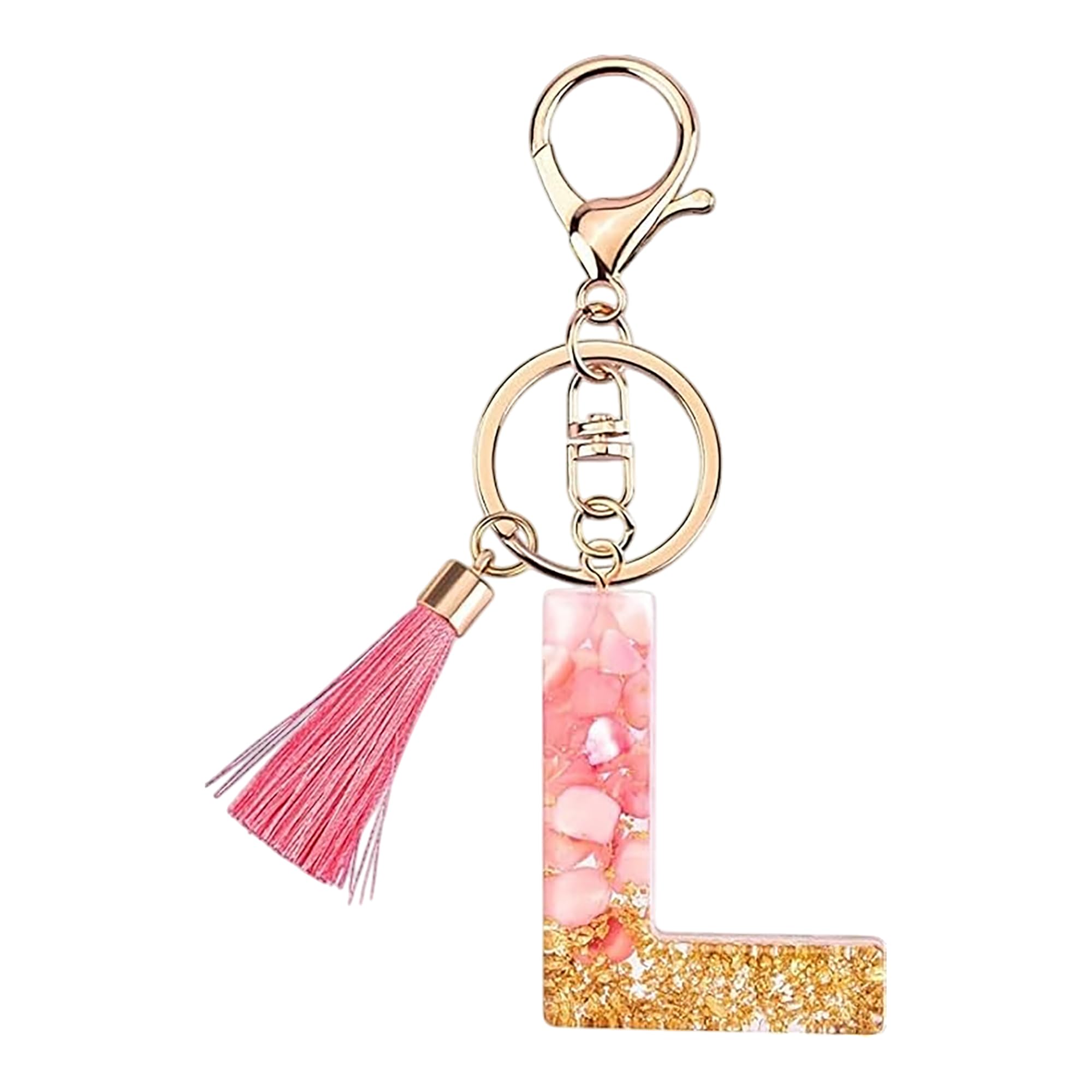 Rohans Pink and Gold Resin Alphabet Initial Letter Keychain, Bag Charm, Key Ring with Lobster Clasp (L)
