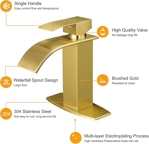 Miniatura 8 de BESy Grifos de baño de cascada de oro cepillado, grifo de lavabo de baño de una sola manija, grifo de tocador de 1 agujero Rv placa de cubierta de 3