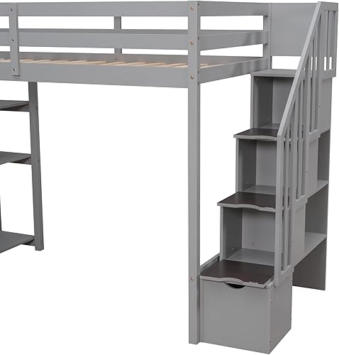 Miniatura 60 de Cama tipo loft de tamaño individual con 3 estantes, 2 armarios y 2 cajones, cama alta funcional con escalera de almacenamiento, marco de cama loft