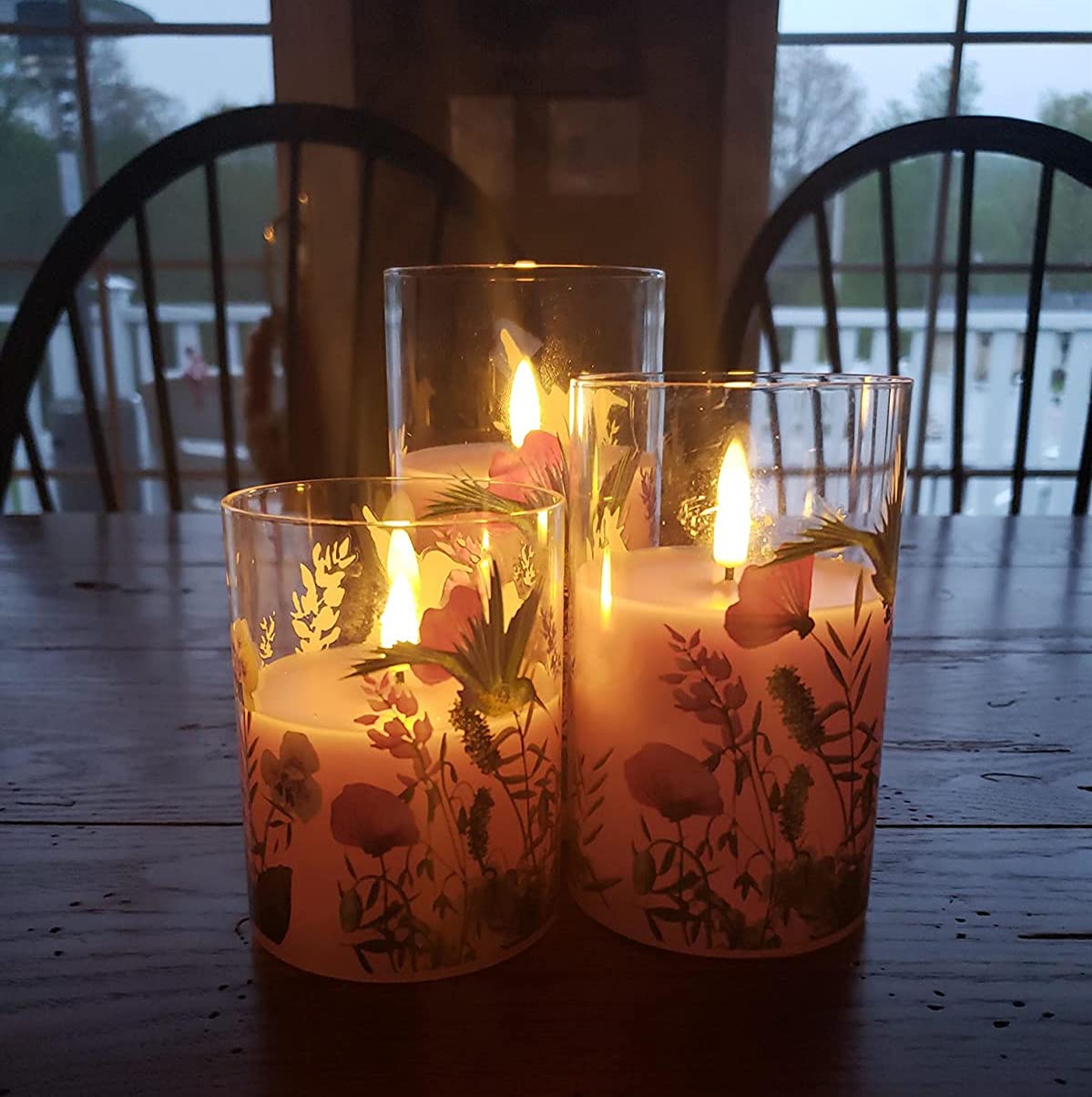 Eywamage Hummingbird Pink Floral Glass Flameless Candles with Remote, Real Wax Flickering LED Battery Pillar Candles Gift Set ? 3" H 4" 5" 6"