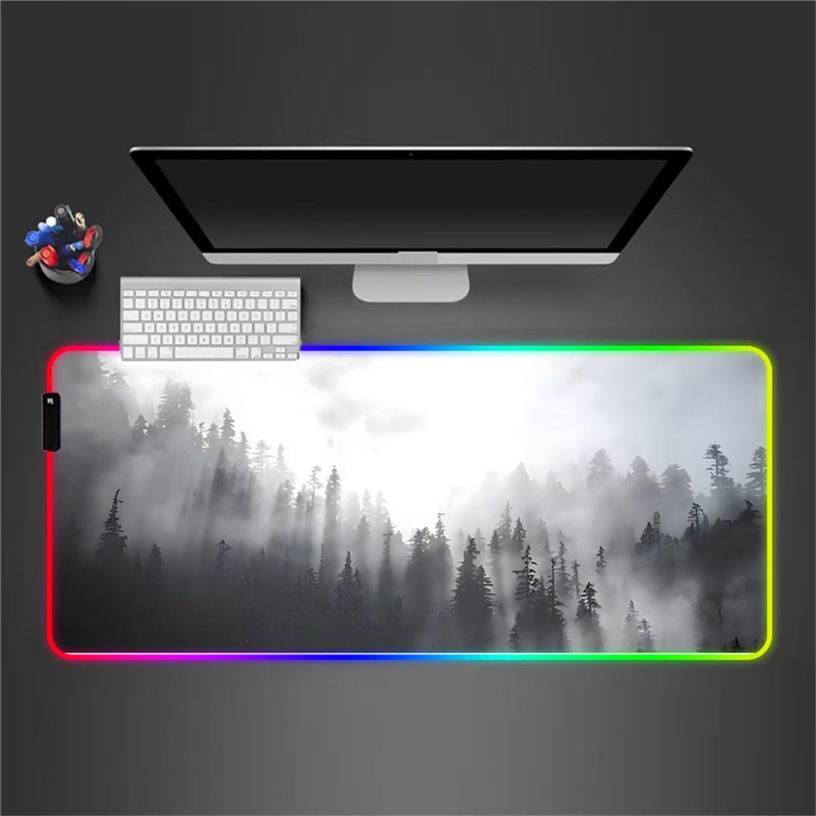 Alfombrilla de Ratón RGB 900x400x4mm XXL Grande Alfombrilla de ratón para Juegos LED 14 Efectos de Iluminación Alfombrilla Ratón Gaming para Gamers PC y Portátil, Niebla del Bosque