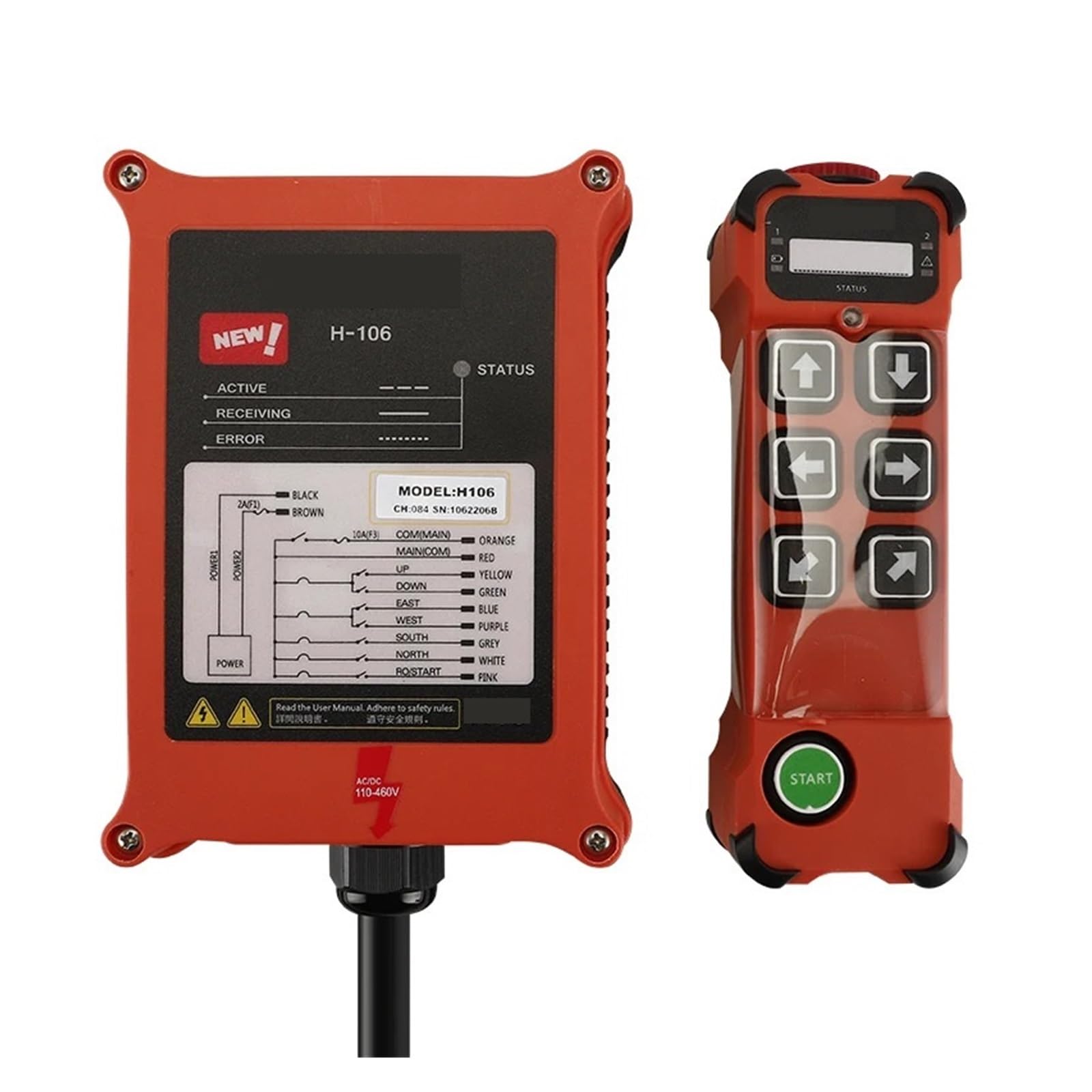 JVDDI Industrial Radio Remote Control 6 Button Single Hydraulic Controller, Waterproof Crane Electric Hoist Remote Control(1T 1R,AC DC 110-460V)