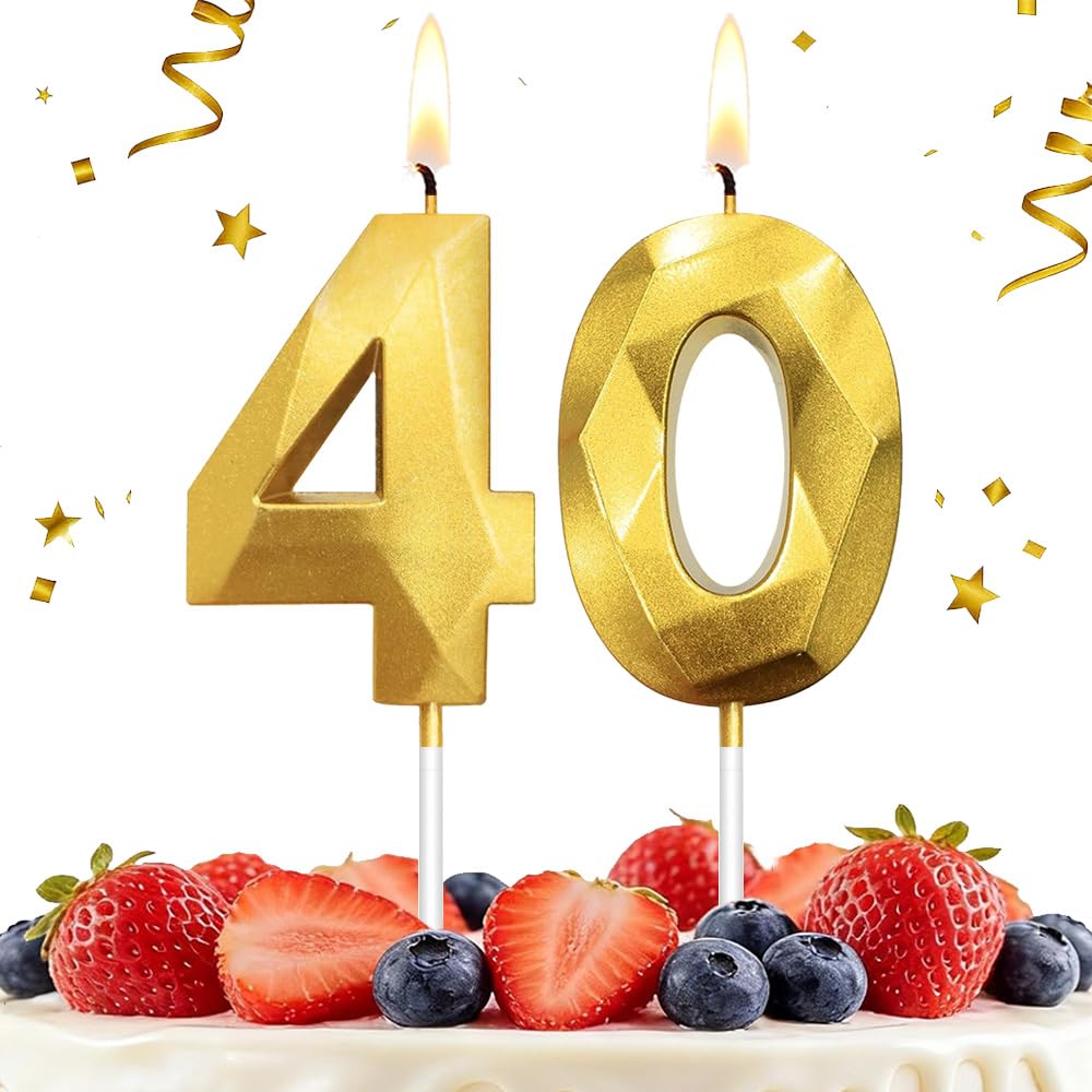Hlwgfjdy Gold 40Th Birthday Candles Number 40 Cake Topper Happy Birthday Cake Decorations 3D Designed For 40Th Birthday Party, Candles For Birthday Anniversary Celebration Party Supplies