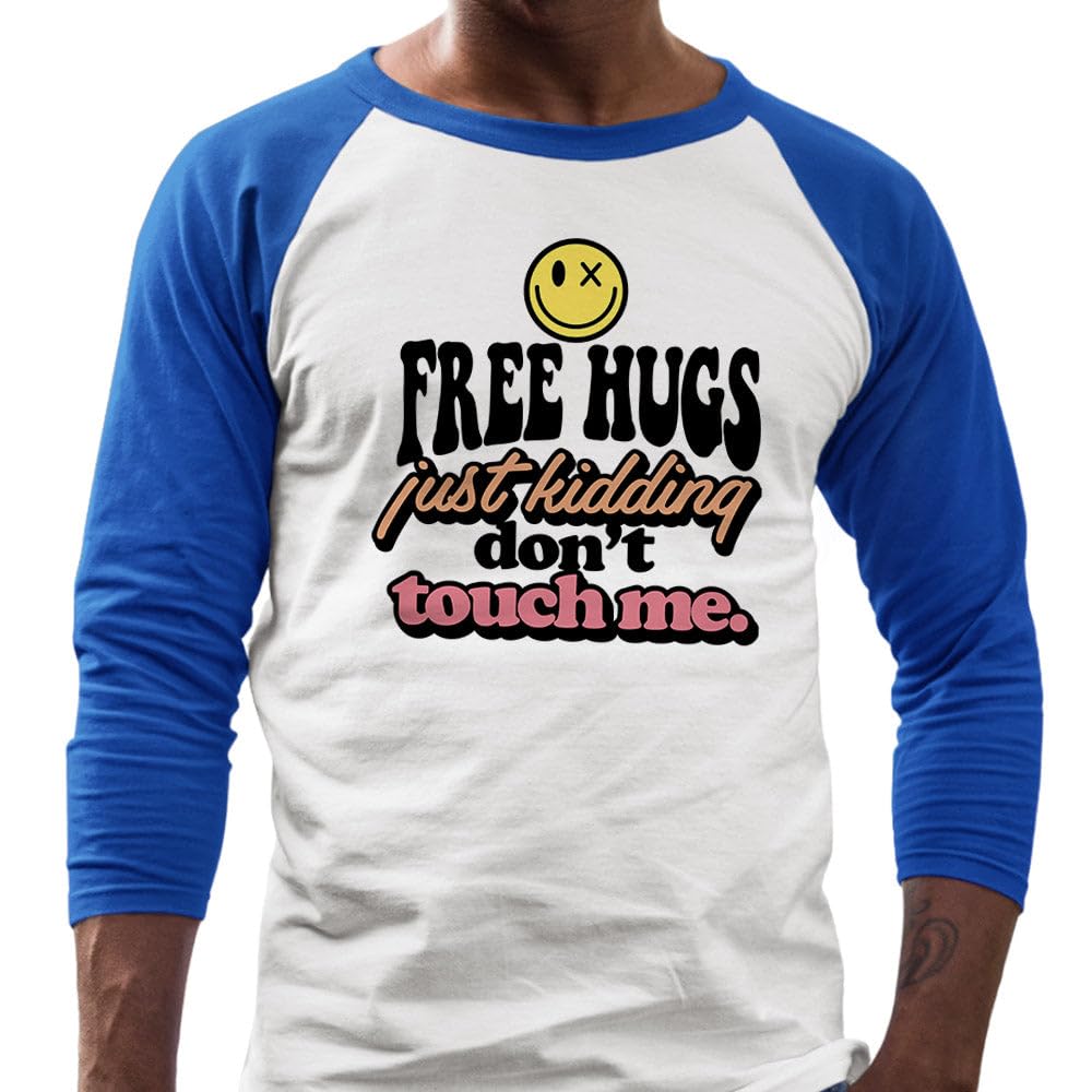 TeesAndTankYou Free Hugs Just Kidding Three-Quarter Raglan Sleeve Baseball Shirt Unisex X-Small White/Royal