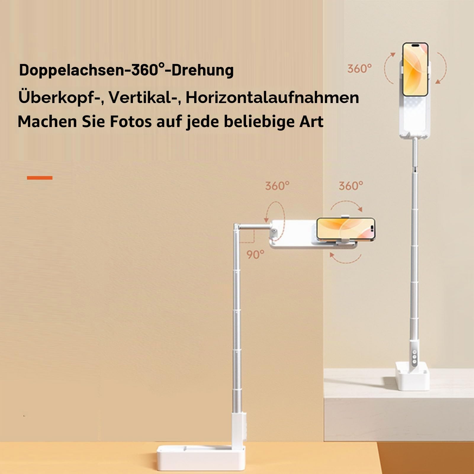 Ausziehbarer Selfie Ständer, mit LED Licht mit 5 Helligkeiten, um 360° Drehbarer, Wiederaufladbarer Telefonständer für Aufnahmen, Faltbare Überkopfhalterung für Live Streaming