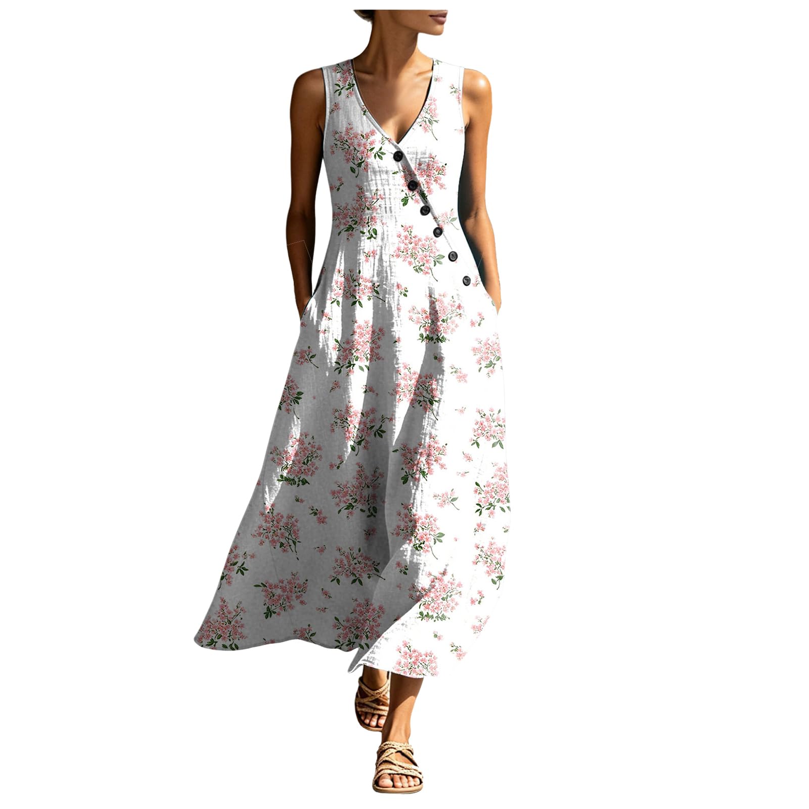 Abiti Estivi Donna Cotone Corti Abito Estivo da Donna Senza Maniche con Fantasia Floreale, Bottoni Asimmetrici e Scollo a V. Abito Estivo