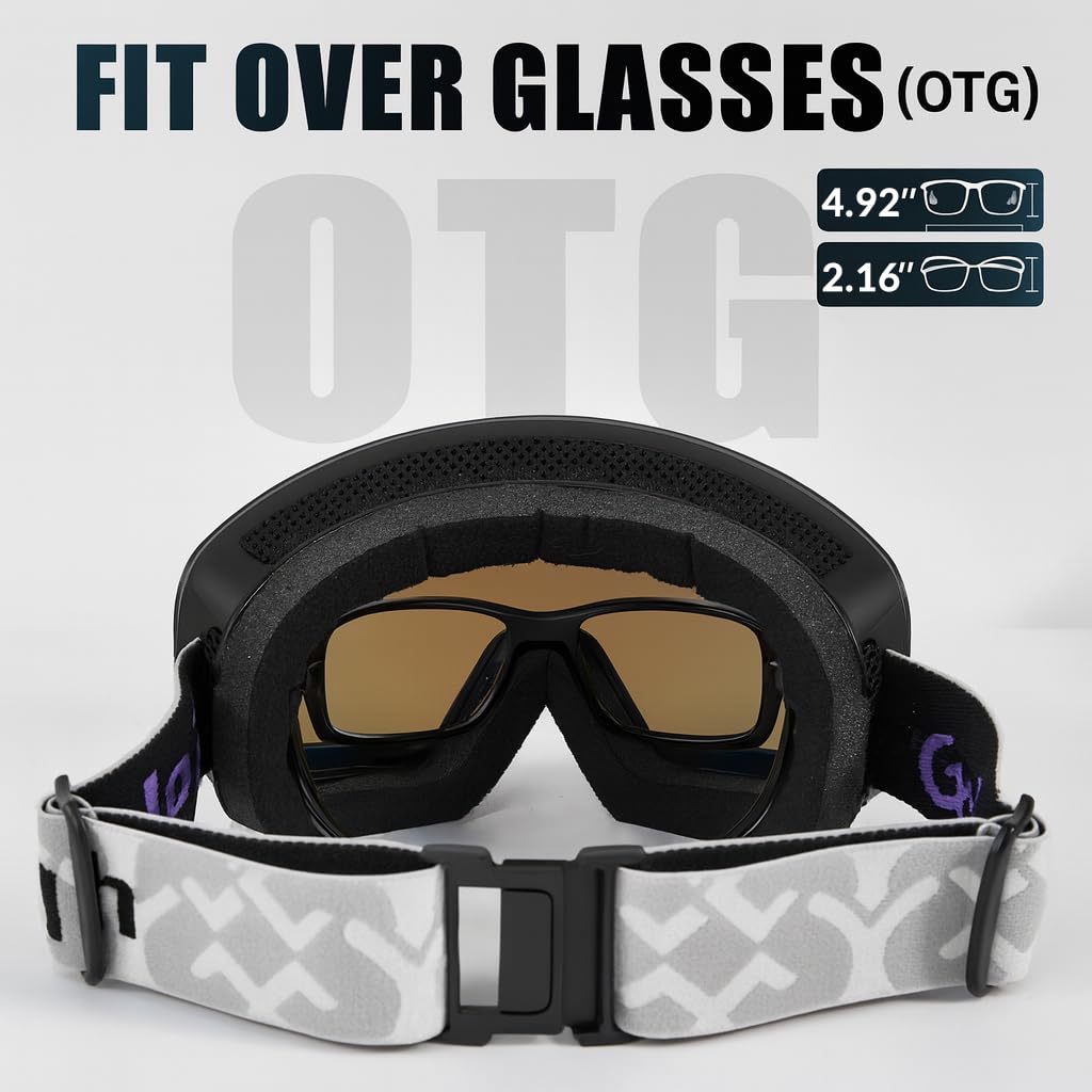 GoLight OTG Gogle narciarskie, okulary narciarskie dla mężczyzn i kobiet, bezramowe, 100% ochrona przed promieniowaniem UV, przeciwmgielne, unisex, śnieg, zima, do snowboardu, skuterów śnieżnych,