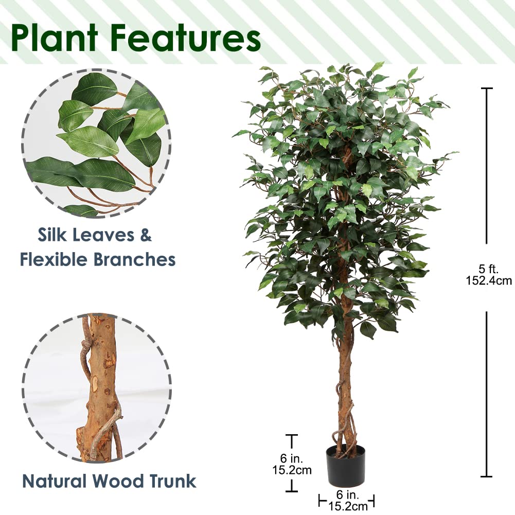 Ficus Benjamini Plante artificielle avec tronc en bois véritable Idéal pour la décoration intérieure Vert