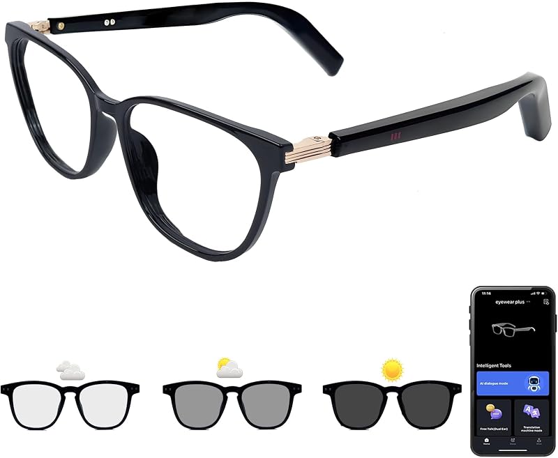 lentes inteligentes AI con traducción, lentes fotocromáticas y audio Bluetooth | Traducción en tiempo real, asistente de voz AI, protección contra luz azul/UV, música y llamadas manos libres para hombres y mujeres