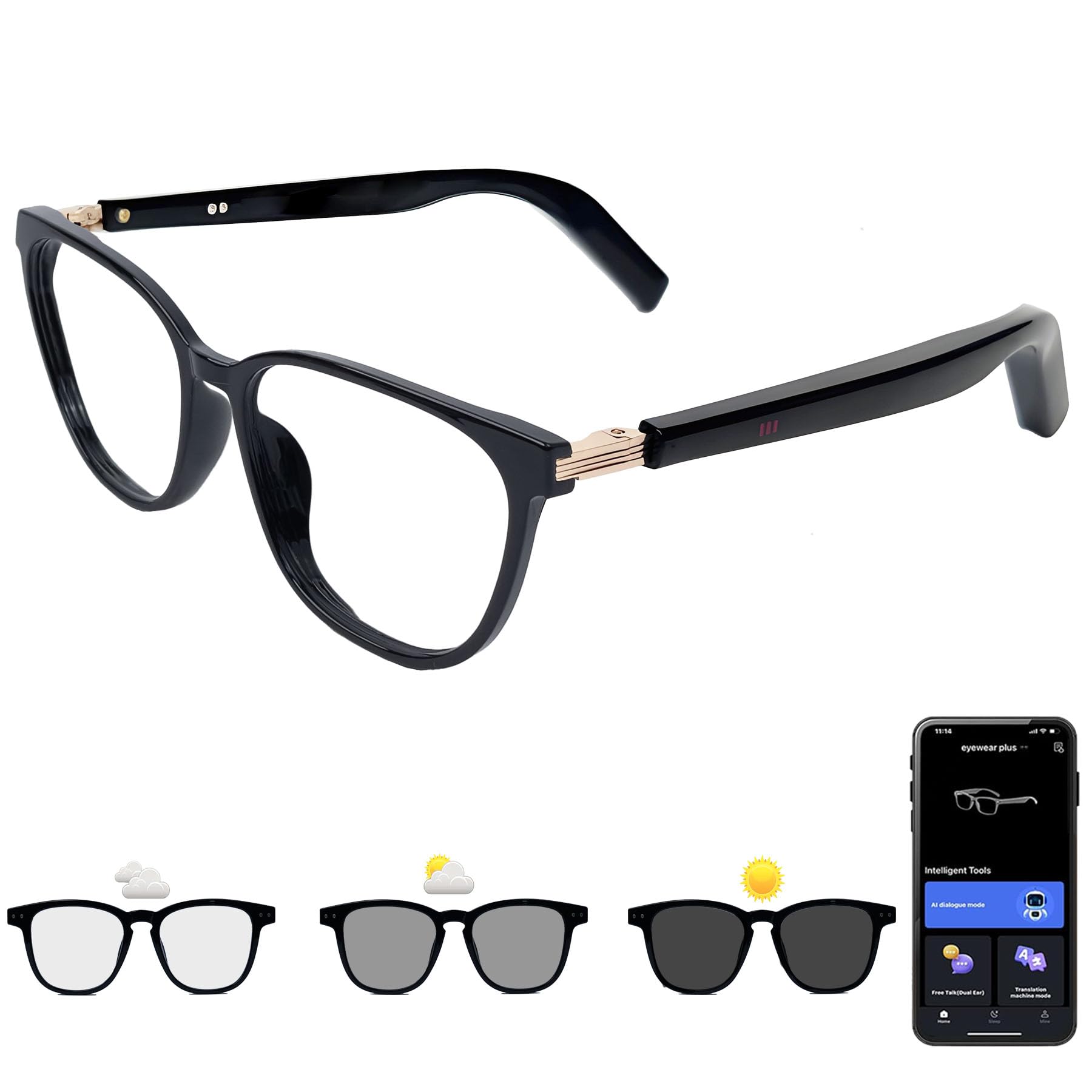 Smart Glasses with Photochromic Lenses for Men and Women AI Translation Smart Glasses with Translator 164 Languages IP67