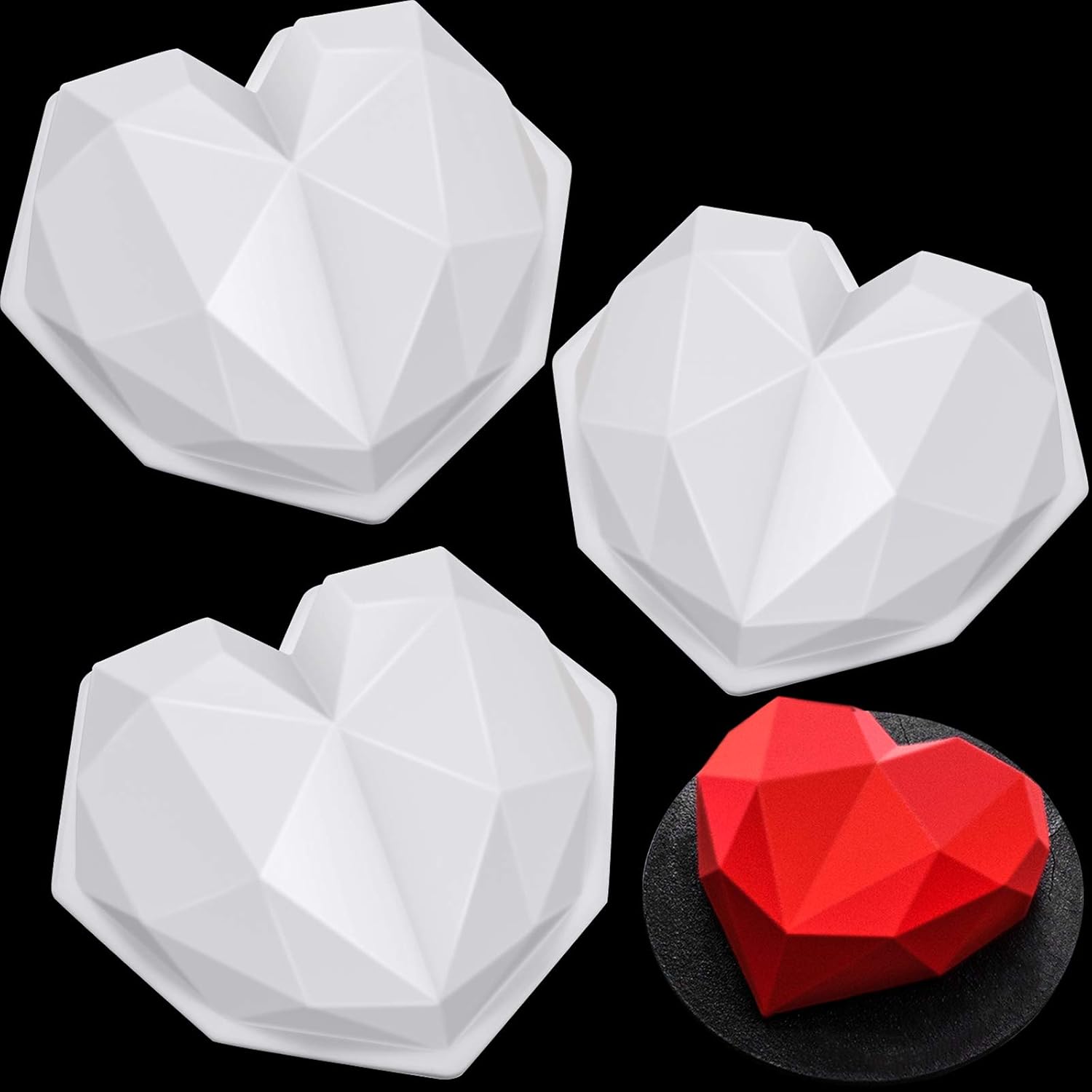 3D Diamond Heart Shaped Silicone Molds Geometric Heart Chocolate Molds Valentines Day Love Molds for DIY Ice Cream Cake Pop Cupcake Ice Lolly Mousse Candy (White, 3 Pieces)