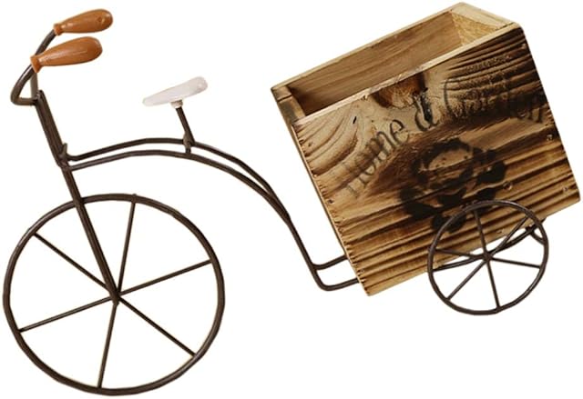 DOITOOL Wooden Bicycle Planter Metal Wire Flower Pot Wrought Iron Planter for Plants Flowers Garden Patio Office Balcony Outdoor and Indoor Decor (Wood Color Small Size Random Style)
