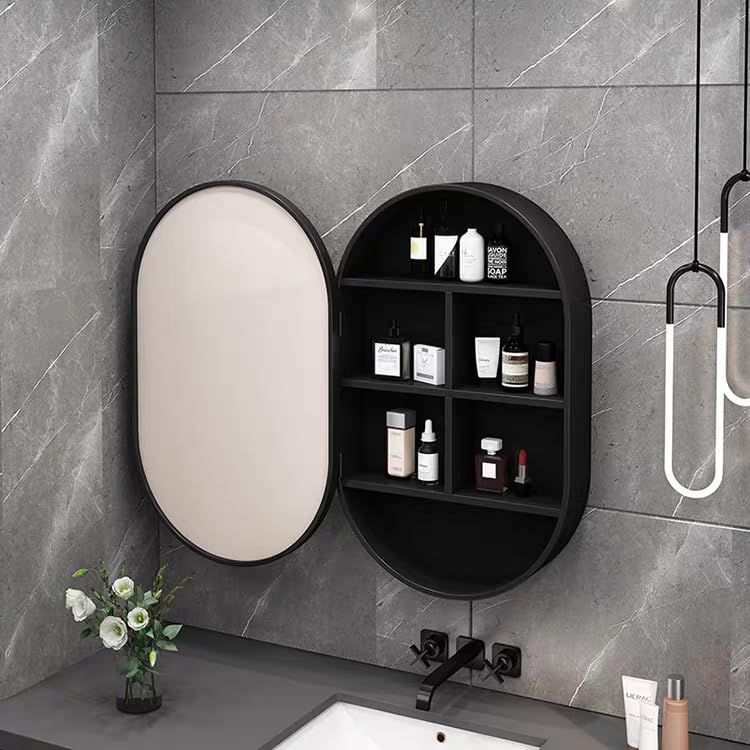 Botiquín de baño con espejo ovalado, marco circular de madera maciza, montaje en pared, 4 niveles, 19,7 x 30,7 pulgadas (estilo B, negro) miniatura 2