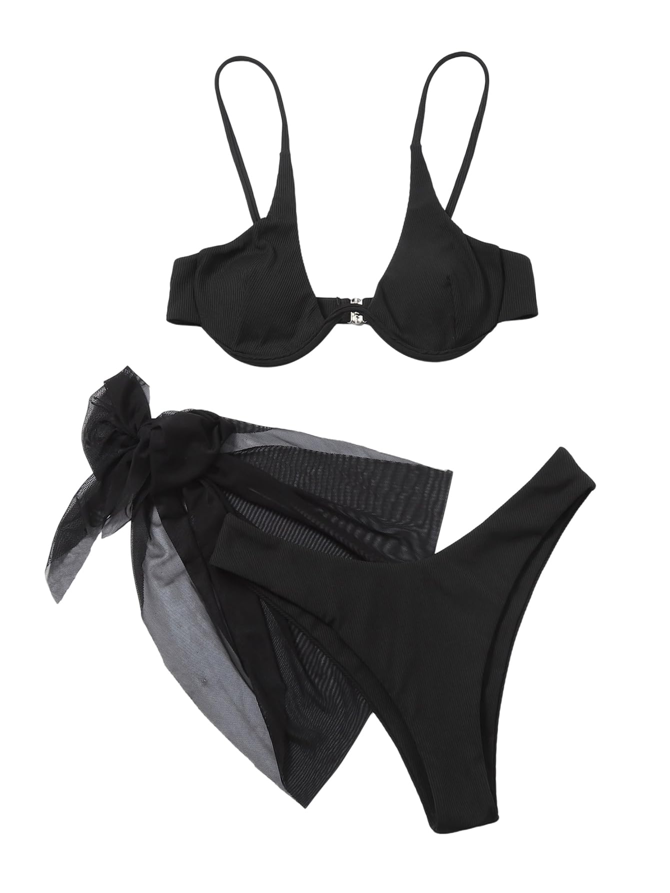 Damski 3-częściowy prążkowany bezczelny zestaw bikini z fiszbinami trójkątny strój kąpielowy ze spódnicą okrycie niebieski rozmiar L