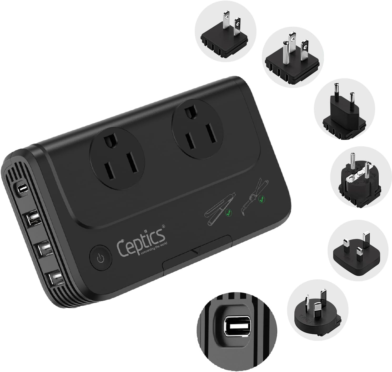 Ceptics - 6 in 1 Travel Adapter and Voltage Converter, 220V to 110V Converter with Surge Protection, Universal Adapter with Types A, C, G, I attachments & 4 USB PD 18W Fast Charging - Black