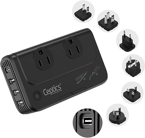 Ceptics - Adaptador de viaje y convertidor de voltaje, convertidor de 220 V a 110 V con protección contra sobretensiones, adaptador universal y