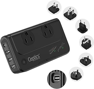 Ceptics - Travel Adapter and Voltage Converter, 220V to 110V Converter with Surge Protection, Universal Adapter and Power Converter with Types A, C, G, I attachments, 6-in-1 Charging