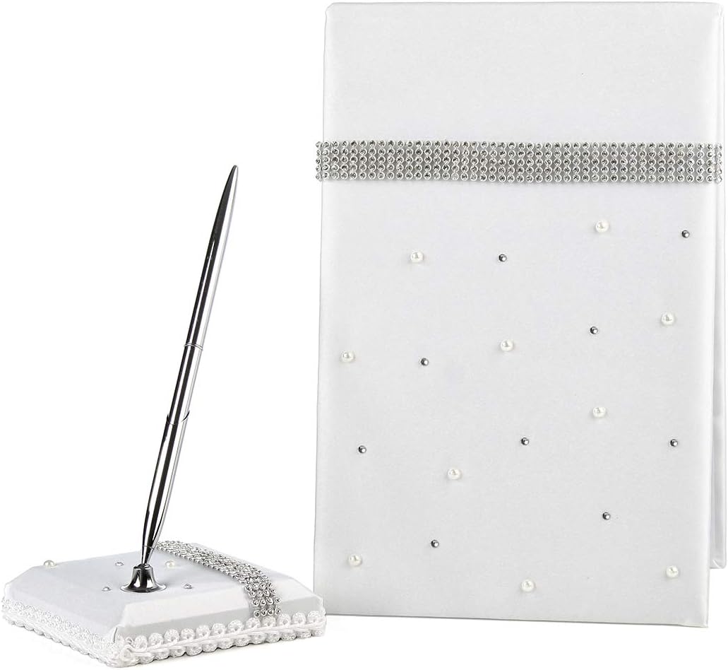 KateMelon Rhinestone Row Wedding Guest Book and Pen Set, White