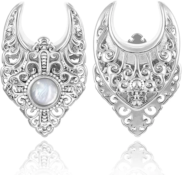 LADEMAYH 2Pcs Ear Plugs Gauges for Ears, with White Shell Size 0g - 1 inch Ear Tunnels Gauge Earrings, Hypoallergenic Stainless Steel Ear Stretching Ears Gauges Body Jewelry