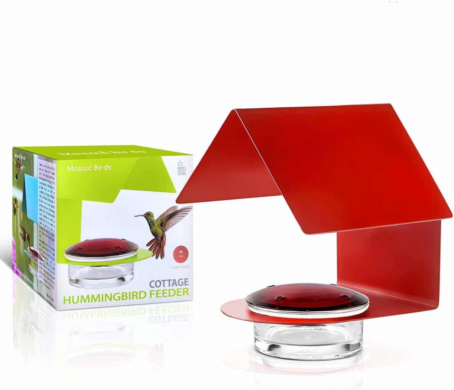 Cottage Hummingbird Feeder |Glass Hummingbird Feeder with 3.4 Ounce Nectar Capacity| 4 Feeding Ports & Wide Mouth Bowl, Hanging Bird Feeder with Recycled Glass Lid, Red