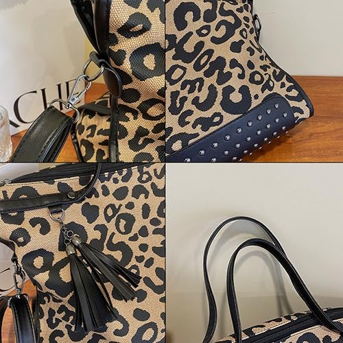 Cartera con estampado de leopardo para mujer, bolso tipo tote con tachuelas, estilo punk, bandolera, hobo con borla y remaches miniatura 7