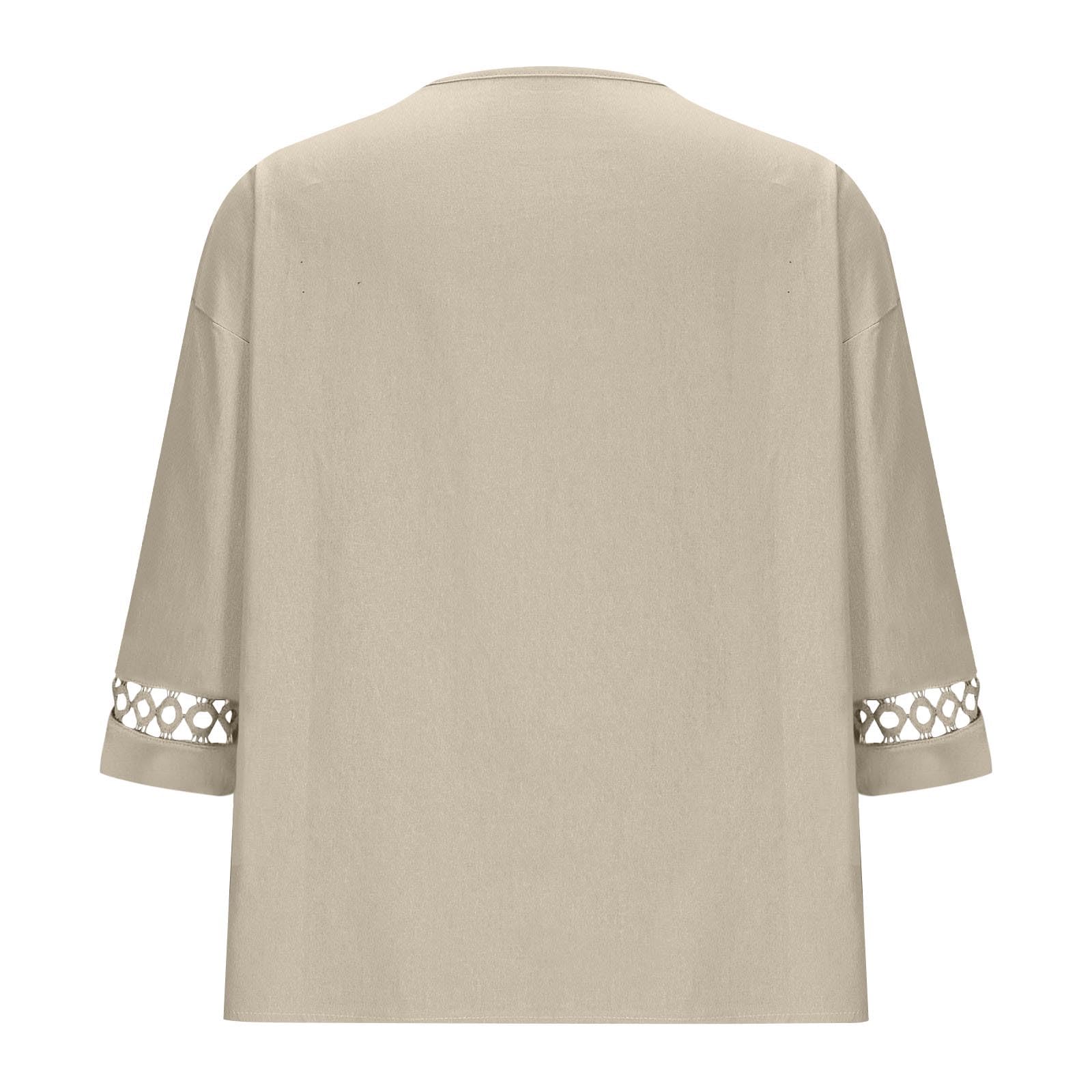 Chemise Lin Femme Été Ample Large Col V à Manches 7/8 avec Boutons Hauts Tee Shirt Grande Taille Couleur Unie Haut Polyvalents Manche Longue T-Shirt Chic et Elégant Printemps et d'été Mode