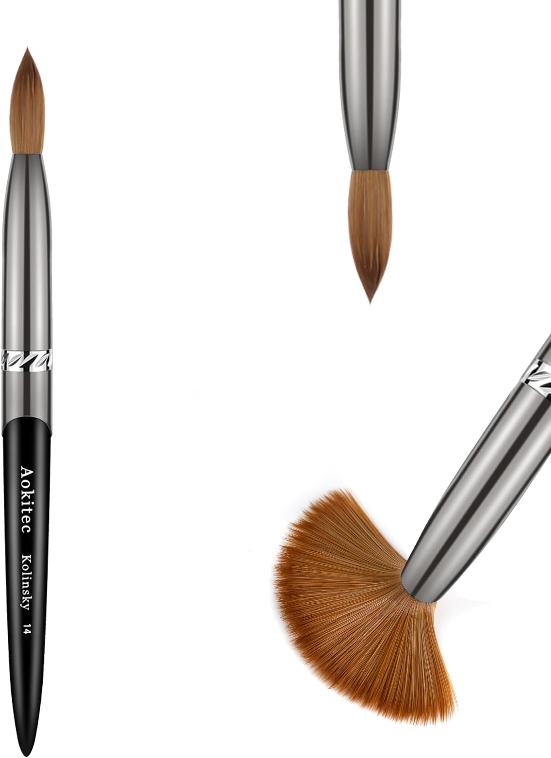Aokitec Acrylic Nail Brush Size 14, Pure Kolinsky Hair Bristles, Sturdy Wooden Handle, Oval Crimped Sable Brush for Acrylic Powder Application, Manicure Tool (Black)