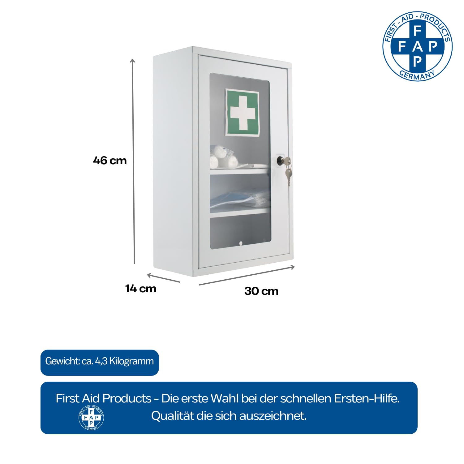 First Aid Products Erste Hilfe Verbandschrank F mit Sichtfenster – inkl. DIN 13157:2021 Füllung, Metall & Pulverbeschichtet, 1-türig - Büro, Betrieb, Schule, Kita & zu Hause - Weiß, 46 × 30 × 14 cm