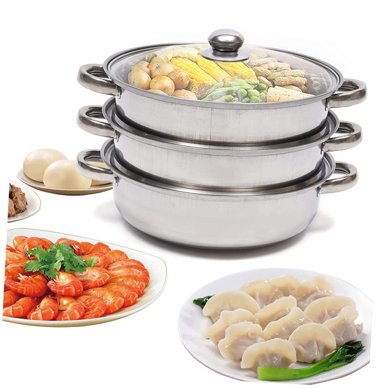 Alipis Olla Vaporera Utensilio de Cocina Multiuso Diseño Multicapa de 28 Cm de Acero Inoxidable y Tapa de Vidrio Adecuado para Cocinar al Vapor Verduras y Panecillos