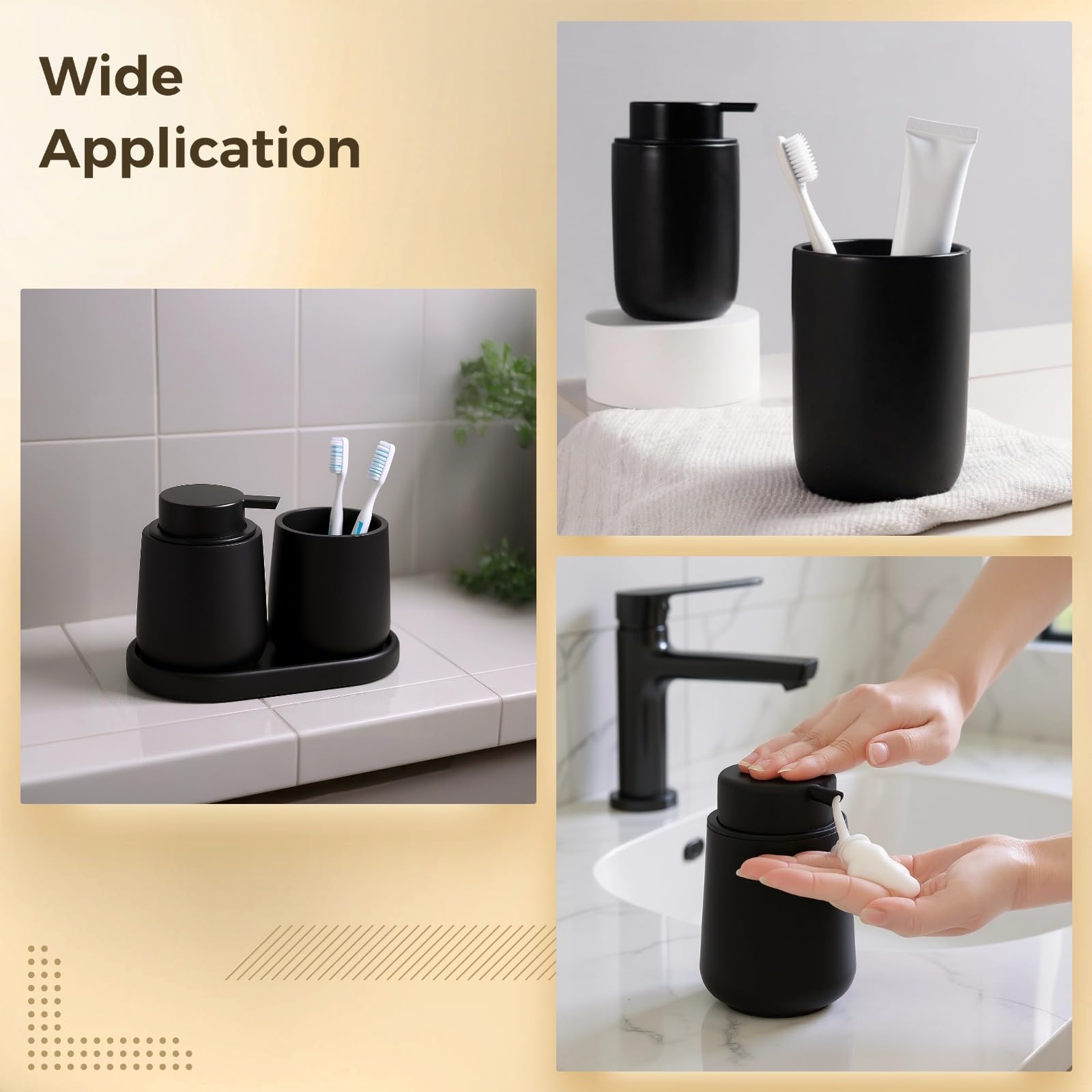 Badezimmer-Seifenspender, Zahnbürstenhalter, Becher und Tablett, 3-teilig, mattschwarzes Keramik-Set, modernes Design, Schminktisch-Organizer, leicht zu reinigen