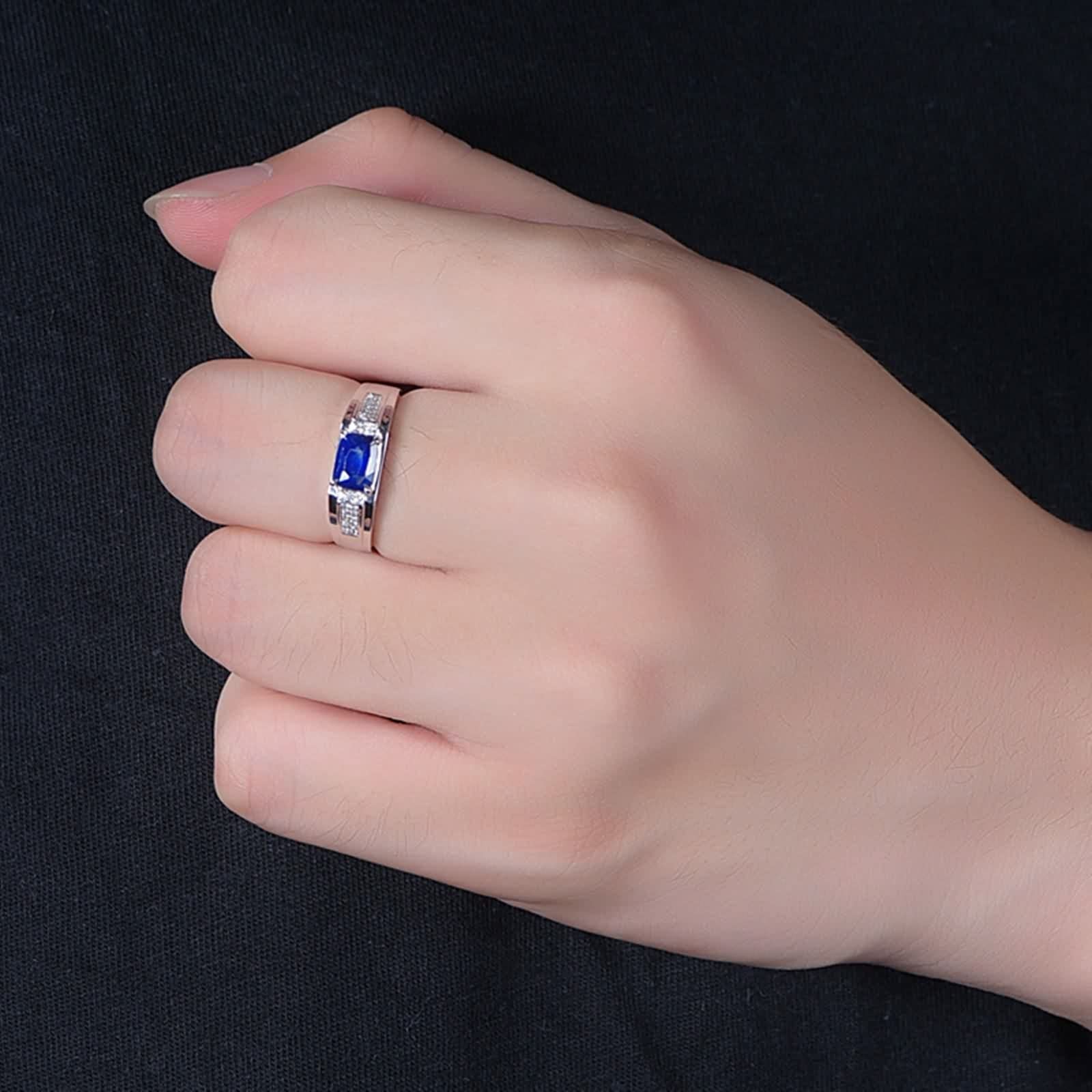 Anillos Mujer Plata Zafiro, Anillo Matrimonio Azul Oro Blanco 18K Azul Forma Rectangular Diamante Blanco para Esposo con Joyero