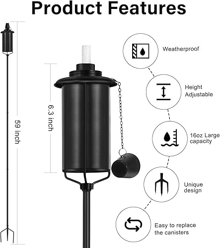 Miniatura 2 de SNOGSWOG Paquete de 6 antorchas de jardín, antorcha de metal de 16 onzas para exteriores con estaca de tierra de 3 puntas, antorchas decorativas de