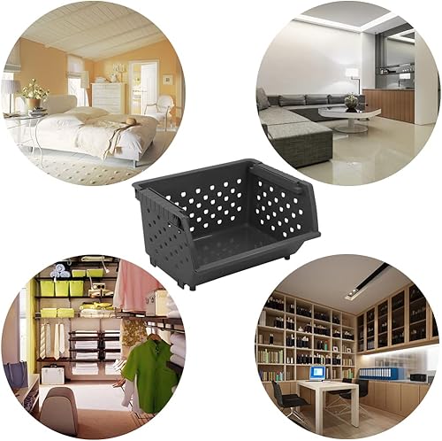 Miniatura 6 de Paquete de 4 cestas apilables de plástico gris para cocina, cesta organizadora apilable