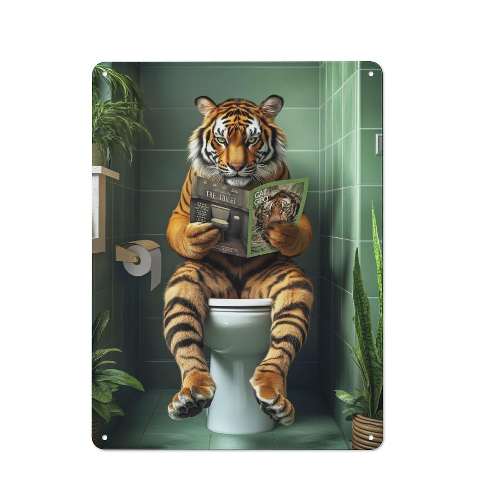 Junmoney Tiger On The Toilet Tin Wall Plaque 40X30cm With For Bar Or Restaurant, Housewarming Present For People Styling Bar And Restaurant