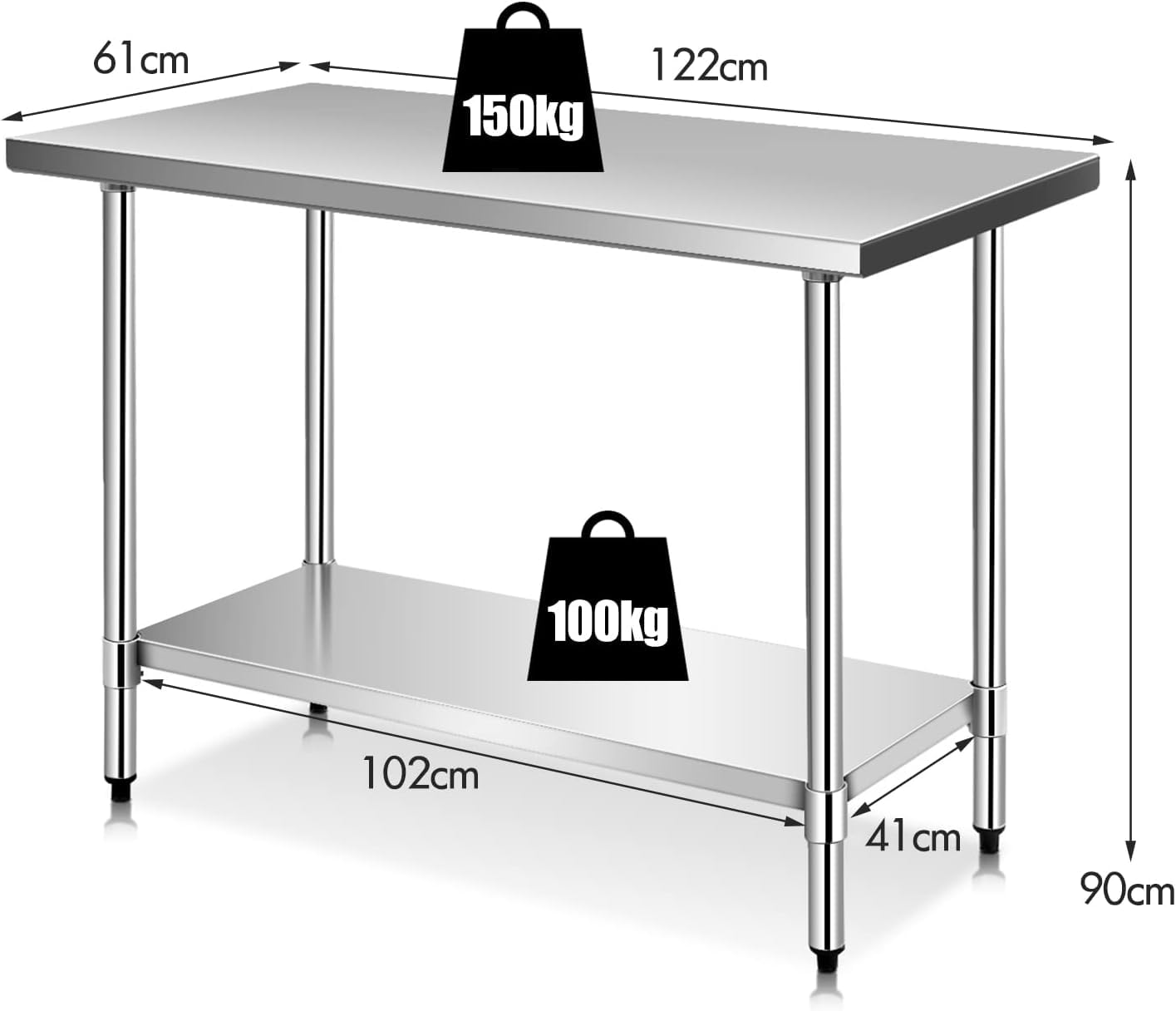 GOPLUS Mesa de Trabajo de Cocina de Acero Inoxidable con 2 Estantes, Mesa de Trabajo Profesional para Cocina y Operaciones Industriales (122 x 61 x 90 CM)