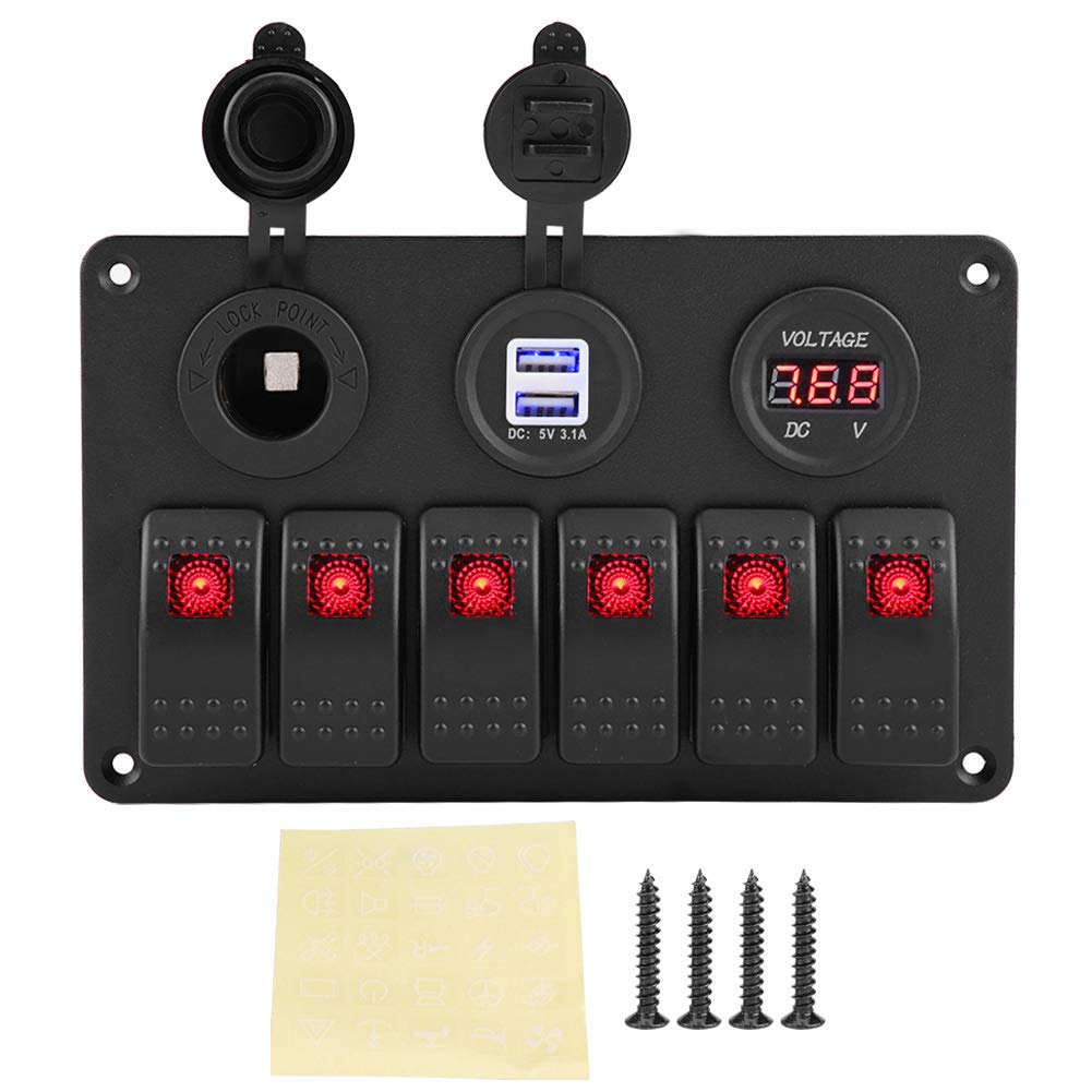Interruttore a bilanciere, 12V 24V 6 Gang Car Boat Marine LED Interruttore a bilanciere Pannello Doppio USB Voltmetro Accendisigari(Rosso)