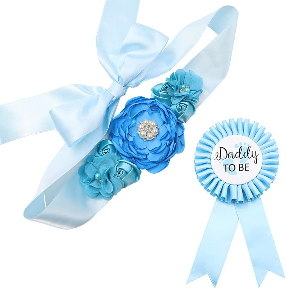 Sky Blue Maternity Sash & Daddy to be Corsage Set - Baby Boy Pregnancy Keepsake Belly Belt