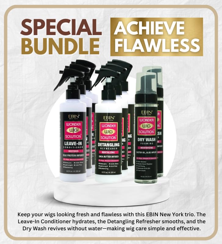 EBIN NEW YORK Wig Spray 3x Wonder Wig Solution Leave-In Conditioner, 3x Detangling Refresher & 2x Dry Wash – Hydrates, Detangles & Revives – Gift Set (8 Items)
