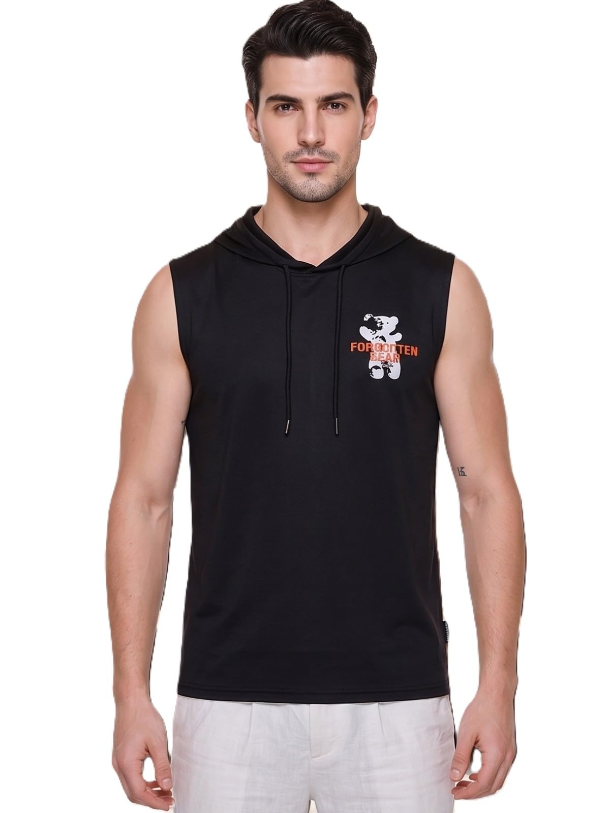 looks united Men's Sleeveless Hooded Vest, Cotton Blend, Graphic Print, Olive and Black-picture-48